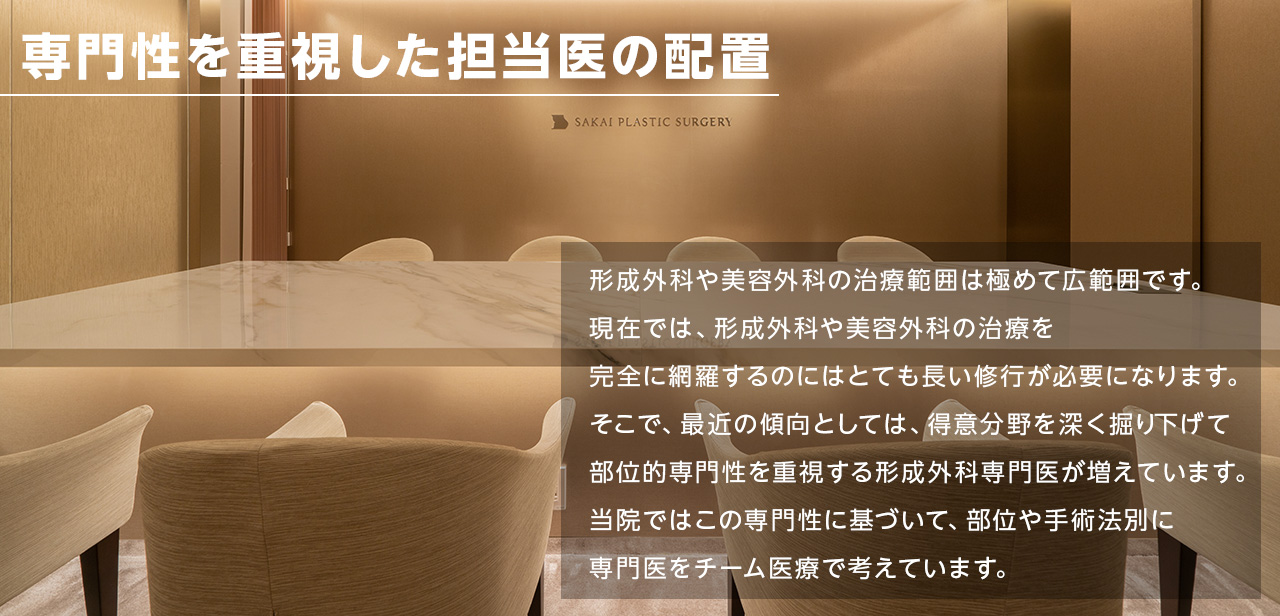 専門性を重視した担当医の配置 形成外科や美容外科の治療範囲は極めて広範囲です。現在では、形成外科や美容外科の治療を完全に網羅するのにはとても長い修行が必要になります。そこで、最近の傾向としては、得意分野を深く掘り下げて部位的専門性を重視する形成外科専門医が増えています。当院ではこの専門性に基づいて、部位や手術法別に専門医をチーム医療で考えています。